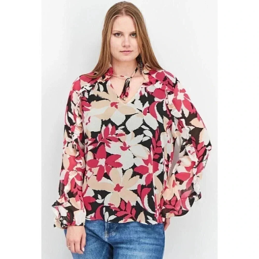 Calvin Klein Tie Neck Long Sleeve Floral Top Black Pink Size Medium